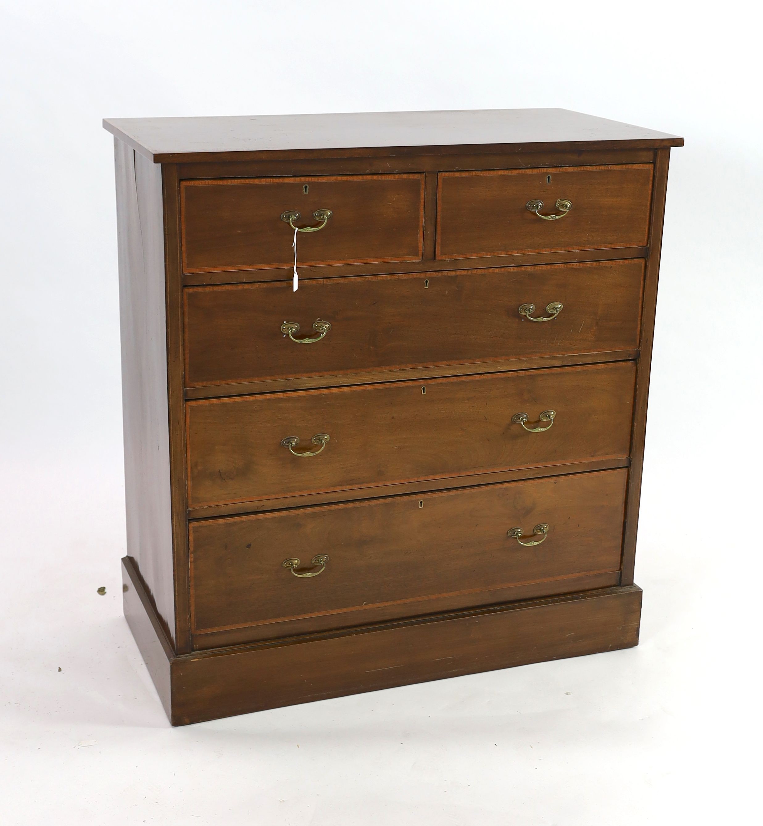 An Edwardian satinwood banded mahogany five drawer chest, width 107cm depth 54cm height 114cm